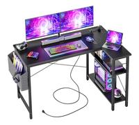 BEXEVUE Bureau d'angle avec Multiprise Intégrée - 120x70 cm Petit Table Ordinateur Forme L Etagères Rangements, Bureau Informatique Angle Réversible pour Etudier Travailler Chambre Domicile Noir