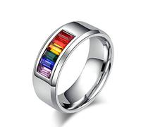 Beydodo Bague Gay Pride Lesbienne, Bague Personnalisable Acier Mariage Taille 67 Bague en Argent 8 mm avec Zirconium Arc-en-Ciel