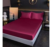 Beydodo Drap Housse 200x220cm, Drap Housse Soie Glacée Rouge Vin Uni Aspect Satiné Housse de Protection Matelas Lavable en Machine