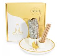 BEYLAB Porte-encens 4 en 1 Lune, Support Palo Santo, Support de Sauge pour brûler, Porte-encens pour bâtons, Bol à Taches, Plateau collecteur Cendres en céramique pour Salle Yoga méditation (Lune)