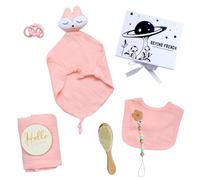 BEYOND FRENCH Cadeau Naissance Bébé - Coffret 7 Pièces en Mousseline de Coton avec Doudou Sleepy Foxy, Accessoires Pratiques et Douillets, Parfait pour un Cadeau Original ! (ROSE SORBET)
