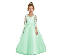 Beyonddress Dentelle Tulle Fleurie Robes pour Mariage Col Rond Concours Robe de Bal Manches Longues Enfant Robe de Mariée Menthe 3