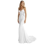 Beyonddress Femmes Dentelle Appliques Robe de mariée Robes de mariée à manches longues Col en V Bureau civil Mode de mariée Robes de mariée, Blanc 02., 36