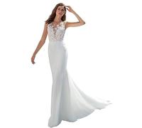 Beyonddress Femmes Dentelle Appliques Robe de mariée Robes de mariée à manches longues Col en V Bureau civil Mode de mariée Robes de mariée, Blanc 04., 34