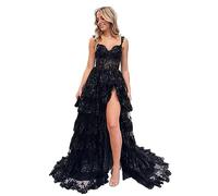 Beyonddress Robe de bal en tulle à motifs scintillants pour femmes épaules dénudées corset dentelle longues robes de soirée formelles avec fente, Noir , 40