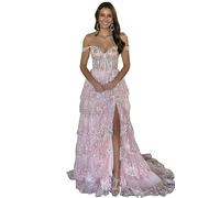 Beyonddress Robe de bal en tulle à motifs scintillants pour femmes épaules dénudées corset dentelle longues robes de soirée formelles avec fente, Rose, 36