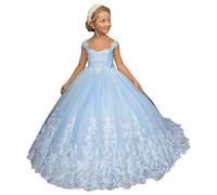 Beyonddress Robe de demoiselle d'honneur en dentelle pour fille - Pour mariage, princesse, première communion, bal - Robe d'anniversaire pour enfant, bleu clair, 8 ans