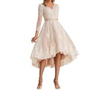 Beyonddress Robe de Mariée Courte en Tulle - Irrégulière, Manches Longues - Pour Mariage et Bureau Civil - Champagne, Taille 44