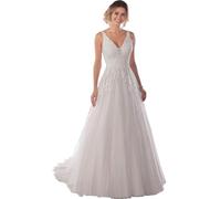 Beyonddress Robe de mariée élégante en tulle pour femme avec dentelle longue et paillettes - Col en V - Sans manches, ivoire 05, 42
