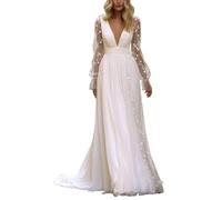 Beyonddress Robe de mariée longue en dentelle pour femme - Manches longues - Appliques - Style civil - Robe de mariée, Blanc 13., 46
