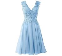 Beyonddress Robe de soirée élégante en mousseline de soie pour femme - Courte - Dentelle - Col en V - Robe de, bleu ciel, 40
