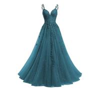 Beyonddress Robe de soirée en tulle pailleté longue pour femmes - Robe de bal avec applications en dentelle - Col en V - Robe de bal de promo pour femmes, bleu sarcelle, 40