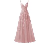 Beyonddress Robe de soirée en tulle - Robe de bal longue - Applications en dentelle - Robe de mariée - Col en V - Bretelles spaghetti - Robe de bal de fin d'année, Vieux rose, 54