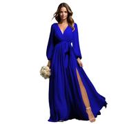 Beyonddress Robe de soirée longue en mousseline de soie - Robe de demoiselle d'honneur pour mariage - Manches longues - Col en V - Robe de fête formelle avec fente, bleu roi, 44