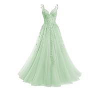 Beyonddress Robe de soirée longue en tulle pailleté avec applications en dentelle et col en V pour femmes - Robe de bal pour les fêtes, menthe, 48