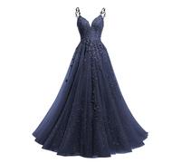 Beyonddress Robe de soirée longue en tulle pailleté avec applications en dentelle et col en V pour femmes - Robe de bal pour fêtes, Bleu marine, 36