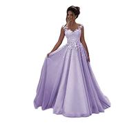 Beyonddress Robe de soirée longue en tulle pour femme avec dentelle de mariage princesse sans manches robe de mariée robe de bal, lavande, 36
