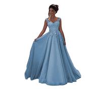 Beyonddress Robe de soirée longue en tulle pour femme avec dentelle de mariage princesse sans manches robe de mariée robe de bal, Bleu Dusty, 48