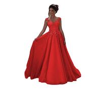 Beyonddress Robe de soirée longue en tulle pour femme avec dentelle de princesse manches longues robe de mariée robe de bal, rouge, 48