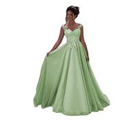 Beyonddress Robe de soirée longue en tulle pour femme avec dentelle de princesse pour mariage sans manches robe de mariée robe de bal, Vert sauge, 50