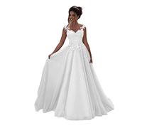 Beyonddress Robe de soirée longue en dentelle pour femme, robe de mariée sans manches, robe de bal, Blanc., 36
