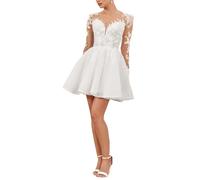 Beyonddress Robes de mariée courtes en dentelle pour femmes Robes de mariage à manches longues Appliques Bureau d'état civil Mode nuptiale Robes de mariée, Blanc 05, 34