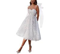 Beyonddress Robes de mariée pour femme en tulle et dentelle - Robes de mariée élégantes - courtes - avec appliques - robe de mariage midi pour cérémonie laïque, Blanc 03., 44