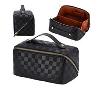 BeyondNice - Trousse de Maquillage à Carreaux avec Grande Ouverture zippée à 180 degrés - Cuir synthétique imperméable - Petite Trousse de Maquillage de Voyage pour Organiser Les cosmétiques (Noir