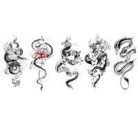 BeyondTattoos Tatouage temporaire Dragon Fleurs Dragon 5 - Noir - Enfant - Tatouage temporaire - 5 feuilles - Dimensions : environ 20 x 11 cm