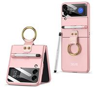 BeyondTop Coque pour Samsung Galaxy Z Flip 3 5G, PC Housse Etui avec Bague Support avec Protection d'écran trempée avec Porte-Stylo, Protection Étui pour Samsung Z Flip 3 5G-Rosa