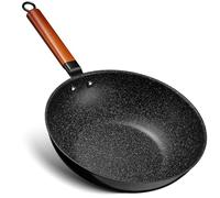 BEZIA Poêle wok à induction, avec couvercle, anti-adhésive, 33 cm, pour rôtir, avec poignée en bois, fond plat, convient à tous les types de feux, granit