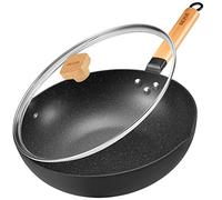 BEZIA Wok à induction avec couvercle anti-adhésif 30 cm Poêle à frire avec poignée en bois facile à nettoyer et passe au four, pour tous les feux, granit