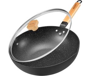 BEZIA Wok à induction avec couvercle anti-adhésif 30 cm Poêle à frire avec poignée en bois facile à nettoyer et passe au four, pour tous les feux, granit