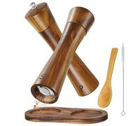 BEZORR Lot de 2 moulins à poivre et sel en acacia avec plateau - Moulin à poivre et sel en acacia avec broyeur en céramique - Broyeurs à épices rechargeables pour la cuisine et la pâtisserie