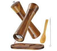 BEZORR Lot de 2 moulins à sel et à poivre en bois d'acacia de 20,3 cm avec soucoupe, moulin à épices en céramique avec brosse de nettoyage et cuillère pour différents moulins à épices
