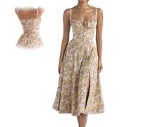 BFDSGWQ Robe mi-Longue Corset Florale pour Femmes, Robe d'été Bustier imprimée, Robe d'été Fluide Fendue Robe Corset de Plage d'été (C,L)
