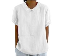BFSWL Blouse Femme Coton et Lin Chemisier Été Col Claudine Tunique Décontracté Manches Courtes T-Shirt Simple Couleur Unie Chemise Léger et Ample Hauts