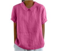 BFSWL Blouse Femme Coton et Lin Chemisier Été Col Claudine Tunique Décontracté Manches Courtes T-Shirt Simple Couleur Unie Chemise Léger et Ample Hauts