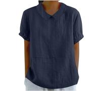 Blouse Femme Coton et Lin Chemisier Été Col Claudine Tunique Décontracté Manches Courtes T-Shirt Simple Couleur Unie Chemise Léger et Ample Hauts