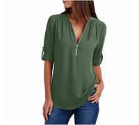 BFSWL Blouse Femme Couleur Unie Tunique Col Zippé Mousseline de Soie Col en V Hauts Grande Taille Chemisier à Manches Enroulables Printemps Manches Longues T Shirt Été Manches Courtes Tshirt