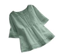 BFSWL Blouse Femme Manches Courtes Coton Lin Haut Été Couleur Unie Tunique Grande Taille Évider Chemisier Décontracté Col en V T-Shirt Ample et Respirant Demi Manches Tops