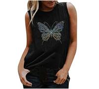 BFSWL Débardeur Femme Été Col Rond Coton Tank Top Mode Hauts sans Manches Imprimé Papillons Paillettes T Shirt Festifs Débardeur De Fête Léger et Confortables Tops
