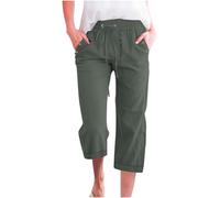 BFSWL Pantalon 3/4 d'été pour femme - Grandes tailles - Pantalon de loisirs en mousseline - Jambe droite - Pantalon en lin - Pantalon capri aéré en coton et lin, Vert armée., 5XL grande taille