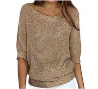 BFSWL Pull élégant à manches 3/4 pour femme - En tricot extensible - Couleur unie - Col rond - Grande taille - Pull en tricot ample - Pour les vacances - Tunique d'extérieur - Mode italienne, kaki