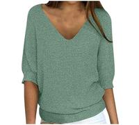 BFSWL Pull élégant à manches 3/4 pour femme - En tricot extensible - Couleur unie - Col rond - Grande taille - Pull ample - Pour les vacances - Tunique d'extérieur - Mode italienne, 02 - Vert armée
