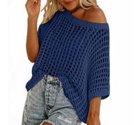 BFSWL Pull en tricot avec trous pour femme - Été creux - Haut tricoté - Épaules dénudées - Demi-manches - Haut en crochet, Marine, L