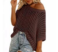 BFSWL Pull en tricot avec trous pour femme - Été creux - Haut tricoté - Épaules dénudées - Demi-manches - Haut en crochet, marron, L