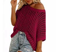 BFSWL Pull en tricot avec trous pour femme - Été creux - Haut tricoté - Épaules dénudées - Demi-manches - Haut en crochet, P-ink, M