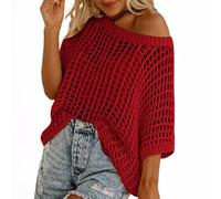 BFSWL Pull en tricot avec trous pour femme - Été creux - Haut tricoté - Épaules dénudées - Demi-manches - Haut en crochet, Bordeaux, S