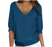 BFSWL Pullover pour femme élégant à manches 3/4 - Hauts stretch en maille - Tricoté uni à col rond - Sweatshirt grande taille - Top ample pour femme - Pull décontracté - Vêtement d'extérieur - Mode